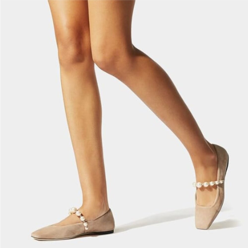 FOWT Nude Square Toe Slip on Flats Pearl Studded Strap Pumps Wedding Shoes